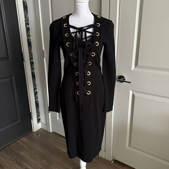 NWT Givenchy Black Stretch Lace Up Midi Dress Size FR 42 US L - Picture 1 of 9